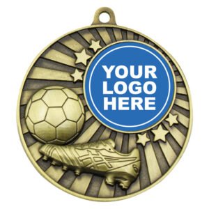 Gold soccer medal with boot, ball, radial star design, and centre logo insert.