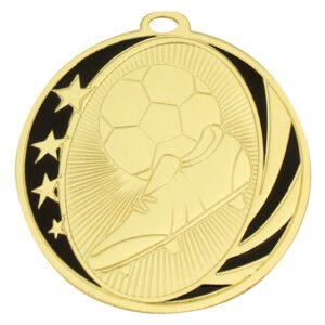 Gold soccer medal with boot and ball over radial background, star detail on left, and ribbon loop at top.