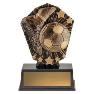 Antique gold soccer trophy with raised boot and ball relief design on black base.