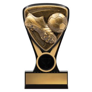 Black and gold soccer trophy with boot and ball relief on shield design and front engraving plate.