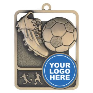 Gold square soccer medal with boot and ball design and ribbon loop at top.