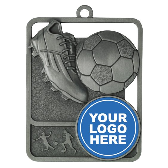 Silver square soccer medal with boot and ball design and ribbon loop at top.