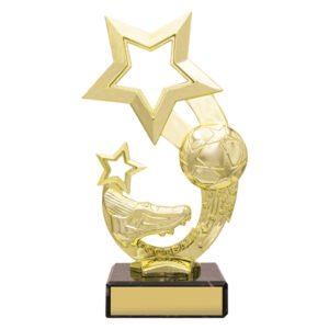 Gold soccer trophy with boot, ball, and star design on black base.