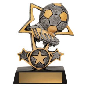 Two tone soccer trophy with boot and ball design inside star frame on black base.