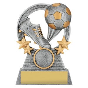 Silver and gold soccer trophy with boot and ball inside circular frame, three stars on each side, and rectangular base with plaque.