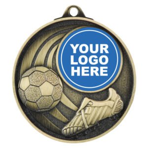 Gold soccer medal with boot, ball, curved stripe design, and centre logo insert.