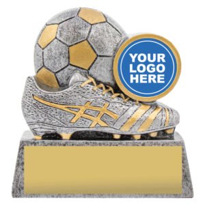 Two tone soccer trophy with boot and ball design and side logo insert on engraved base.