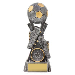 Small silver and gold soccer trophy with elevated ball, crossed boots detail and front medallion insert above engraving plate on base.