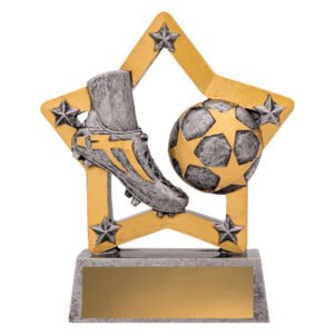 Two tone soccer boot and ball trophy with star frame design and solid base