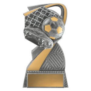 Small silver and gold soccer trophy featuring boot and ball design with angled accent panel and engraving plate on base.
