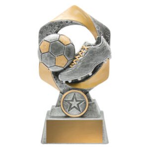 Small soccer trophy with silver boot and ball, gold and silver twisted frame, star emblem at base, and blank gold nameplate.