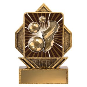 Gold soccer trophy with boot and three ball design in raised relief on solid base.