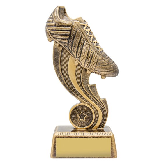 Large antique gold soccer trophy featuring detailed football boot above curved swoosh design, round star emblem insert and gold engraving plate on textured base.