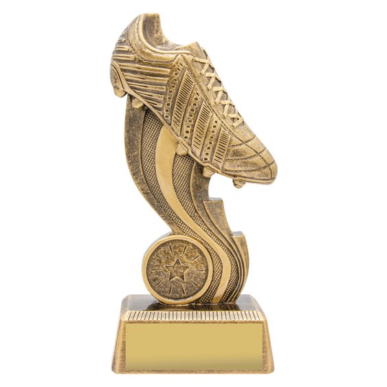 Medium antique gold soccer trophy featuring detailed football boot above curved swoosh design, round star emblem insert and gold engraving plate on textured base.