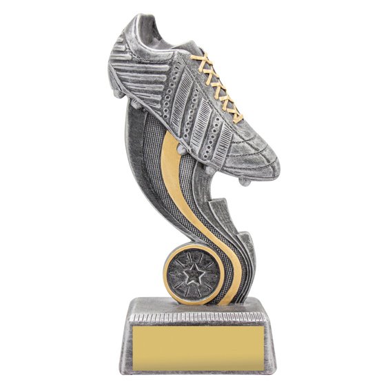 Large silver soccer trophy with gold accent swoosh, detailed football boot feature, round star insert area and gold engraving plate on textured base.