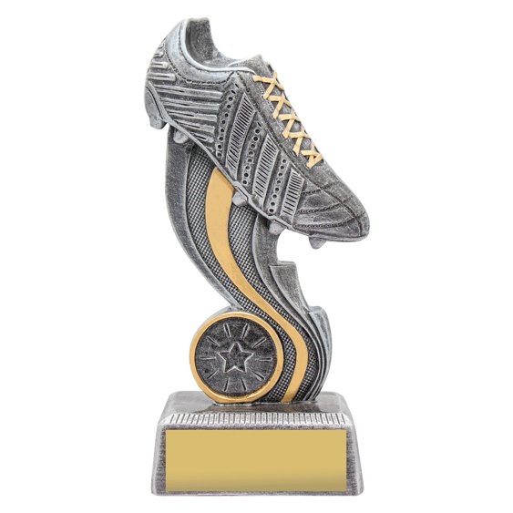 Medium silver soccer trophy with gold accent swoosh, detailed football boot feature, round star insert area and gold engraving plate on textured base.