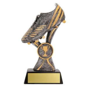 Large two tone soccer boot trophy with angled design and front engraving plate on black base.