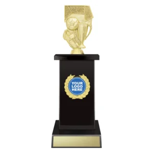 Small gold soccer trophy with goal, ball and boot design on black column base with laurel logo insert and engraving plate