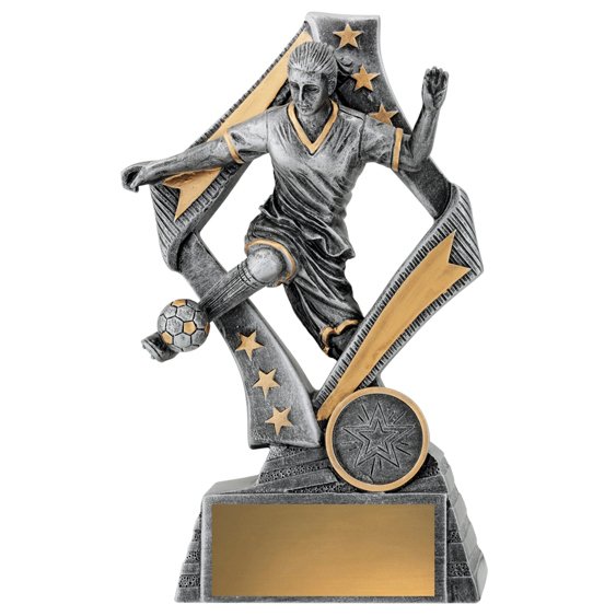 Large two tone soccer trophy with female player figure in angled panel frame on black base.