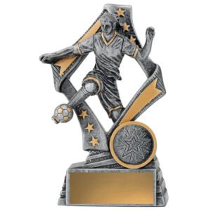 Two tone soccer trophy with female player figure in angled panel frame on black base.