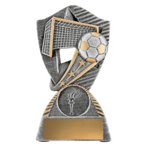 Small soccer trophy featuring silver goal net backdrop with gold trim, raised ball and star detail, round emblem insert and gold engraving plate on silver base.