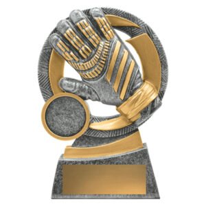Small silver and gold soccer trophy with goalkeeper glove inside circular ring on rectangular base.