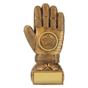 Antique gold soccer goalkeeper glove trophy with raised hand design and front engraving plate.