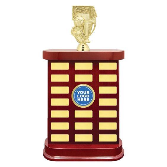 Soccer perpetual award trophy with wooden plaque base and multiple name plates