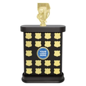 Black and gold soccer perpetual trophy with shield plates and centre logo insert.