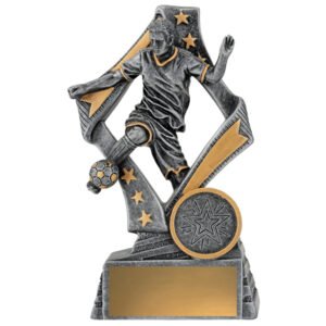 Two tone soccer trophy with player figure in angled frame design on black base.