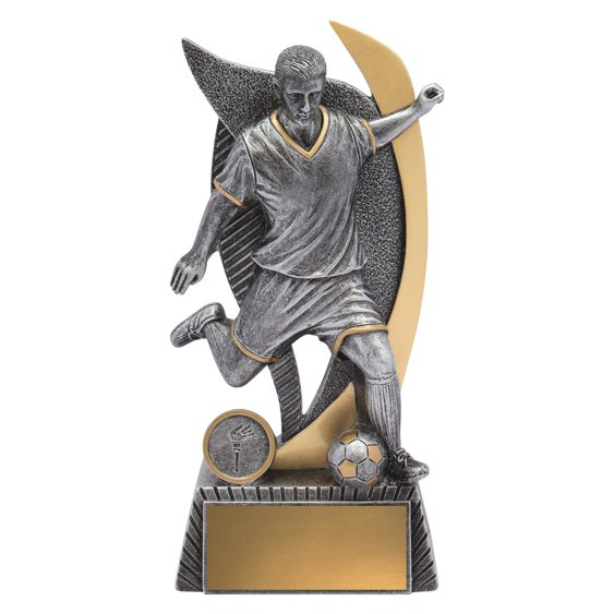 Extra large silver and gold soccer trophy featuring player in action with curved gold arc backdrop, front insert position and gold engraving plate on textured base.