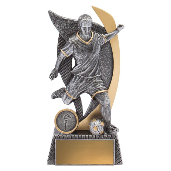 Large silver and gold soccer trophy featuring player in action with curved gold arc backdrop, front insert position and gold engraving plate on textured base.