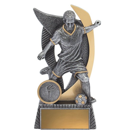 Medium silver and gold soccer trophy featuring player in action with curved gold arc backdrop, front insert position and gold engraving plate on textured base.