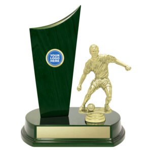 Gold soccer player figure trophy with tall curved green panel and oval green base with gold plate.