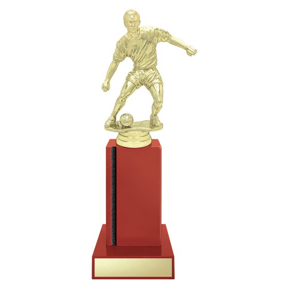 Extra large gold soccer player trophy figure on red base with engraving plate.