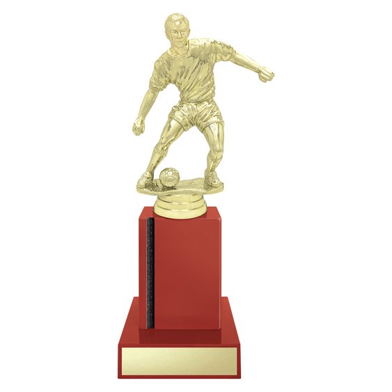 Large gold soccer player trophy figure on red base with engraving plate.