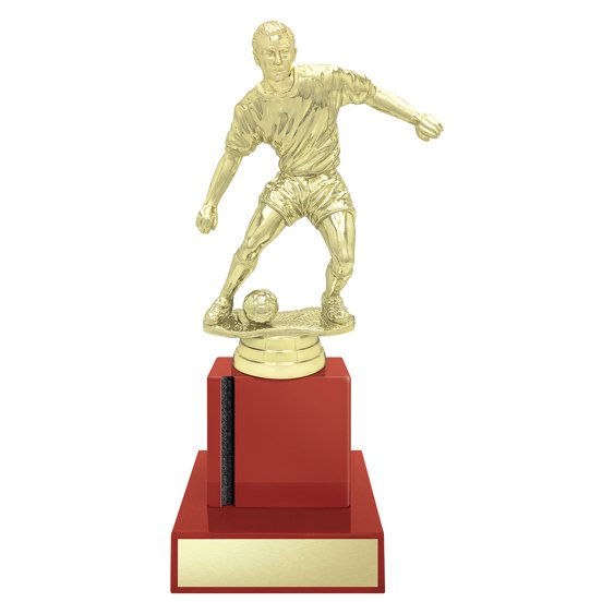 Medium gold soccer player trophy figure on red base with engraving plate.