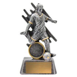 Small soccer trophy with detailed player figure in silver finish, gold trim highlights, ball detail at foot and round emblem insert, set on textured base with gold engraving plate.