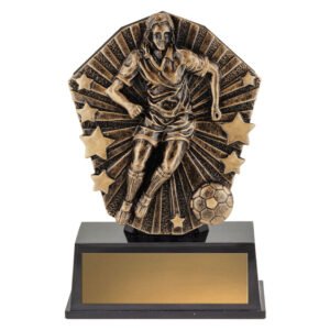 Antique gold soccer trophy with raised female player figure and ball relief on black base.