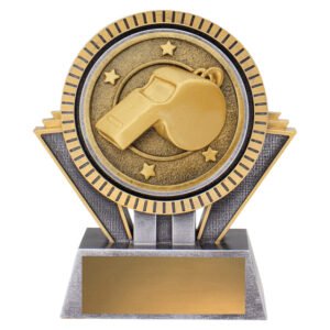 Small two tone soccer referee whistle trophy with raised medallion design and front engraving plate.