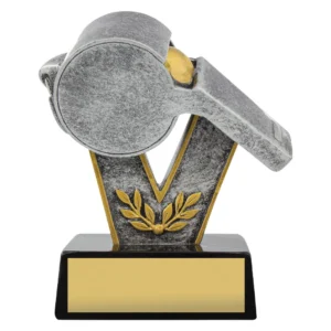 Two tone soccer referee whistle trophy with angled whistle design on black base.