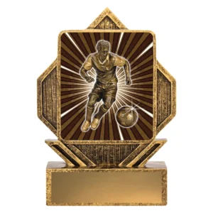 Gold resin soccer trophy with hexagon frame and player dribbling ball design