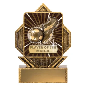 Gold soccer trophy with boot and ball design and Player of the Match text on solid base