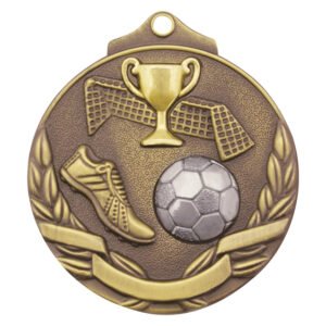 Antique gold soccer medal with trophy cup, ball, boot, laurel leaves, and ribbon loop at top.