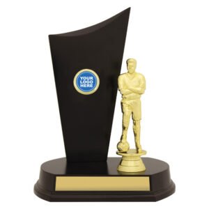 Small soccer trophy with tall black curved panel, gold player figure standing with ball, round base and gold engraving plate for custom awards.