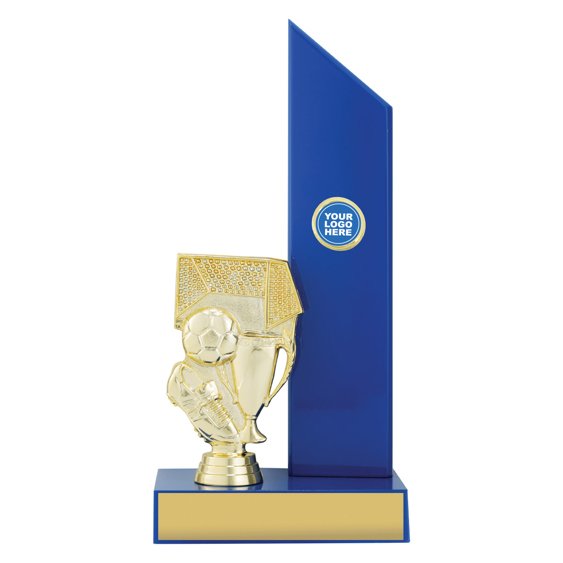 Large soccer trophy with gold boot, ball and goal figure mounted beside tall blue panel on rectangular base with engraving plate