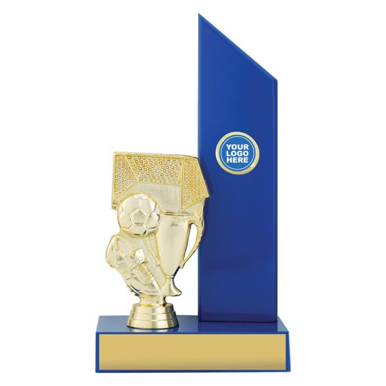 Medium soccer trophy with gold boot, ball and goal figure mounted beside tall blue panel on rectangular base with engraving plate