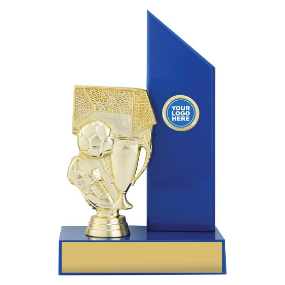 Small soccer trophy with gold boot, ball and goal figure mounted beside tall blue panel on rectangular base with engraving plate