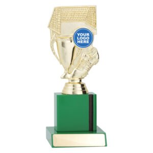 Medium soccer trophy with cup, boot and goal net top, green column base, centre logo insert, and gold name plate.