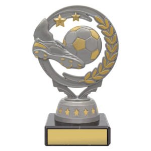 Small soccer trophy featuring silver circular wreath frame with gold accents, boot and ball detail, star highlights, black marble base and gold engraving plate.